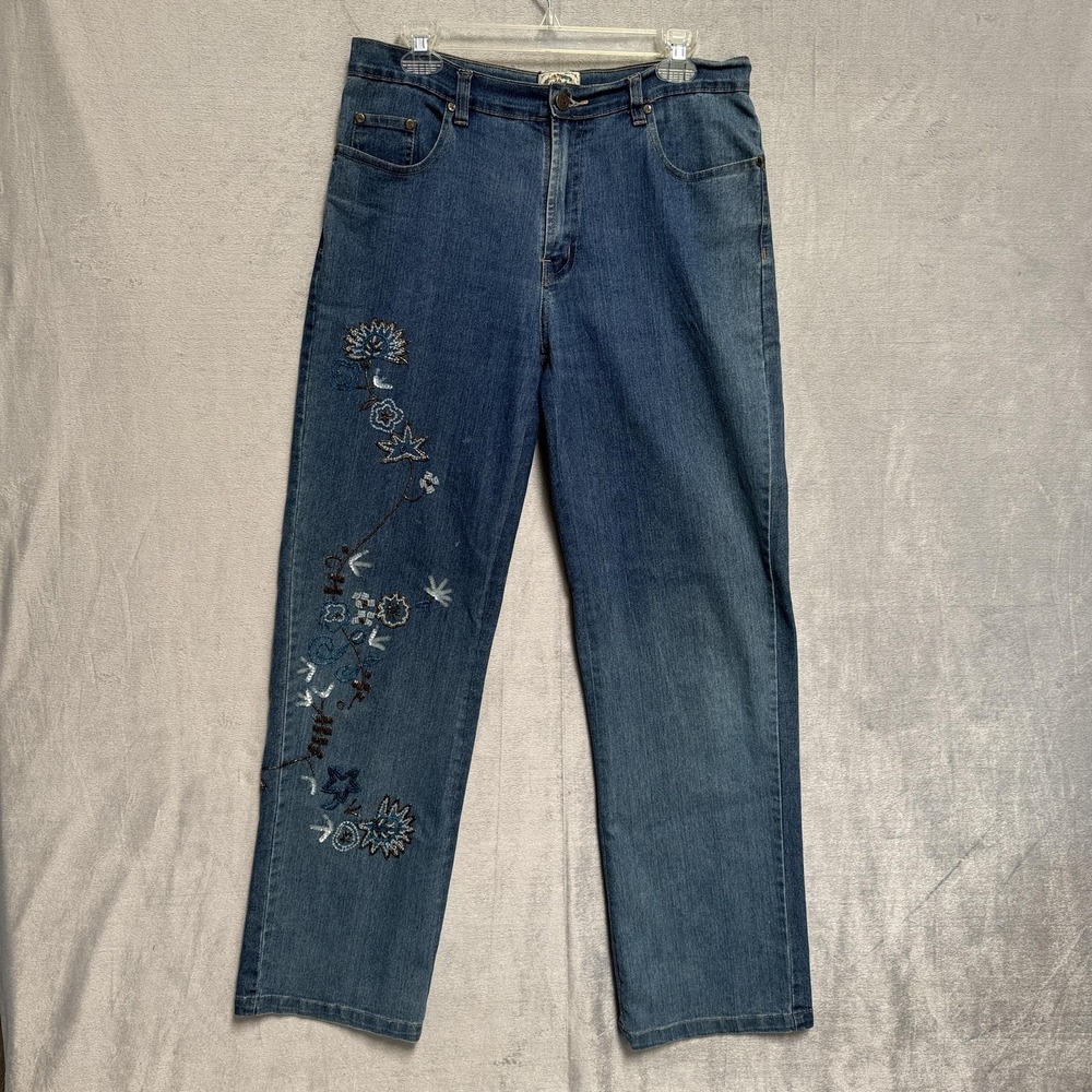 24 Karat Jeans Womens 10 Blue Medium Wash High Rise Straight Floral Embroidered